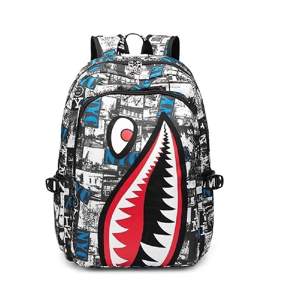 Oxford Cloth Waterproof Large Shark Laptop Backpack Newsprint NYC - 12.6"x17"x7"